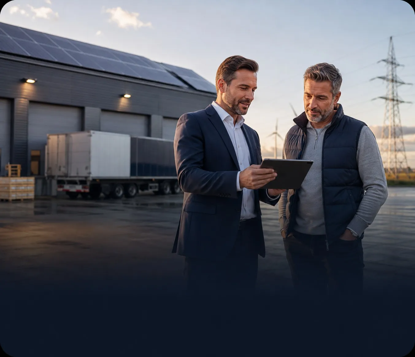 Energieberatung vor Ort: Venergie-Berater mit Kunde am Logistikstandort mit Photovoltaik (KI-generiertes Bild)